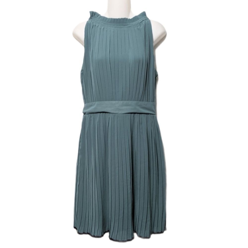 ESLEY High Neck Pleated Teal Dress L
